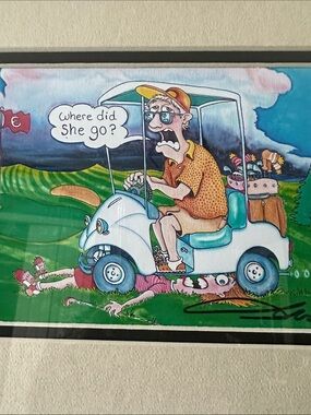 Humorous Golf Cart Illustration Wall Art - Signed Steve Gill and matted